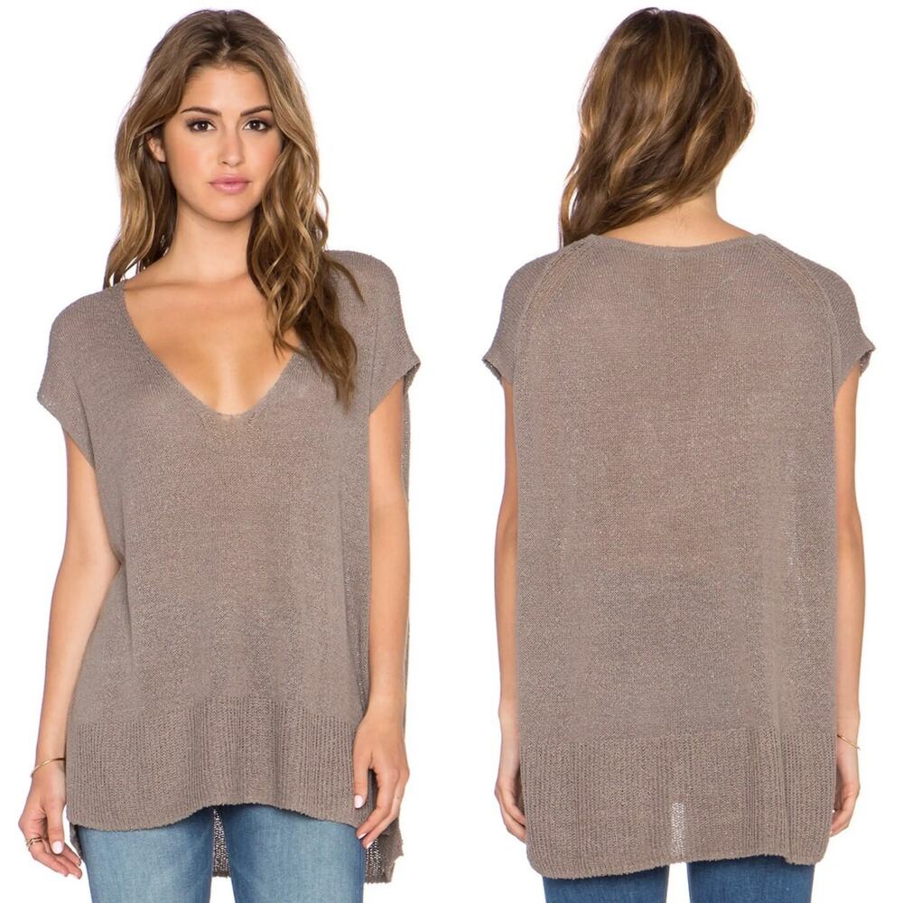 FREE PEOPLE Tea Sweater Short-Sleeve Tunic Open-Knit Top in Taupe/Mocha Size M